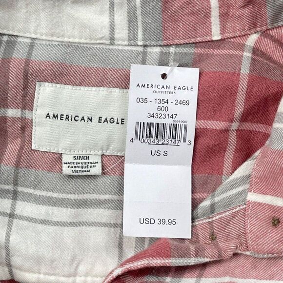 American Eagle Plaid Cropped Button Up Shirt Pink NEW - Picture 5 of 8